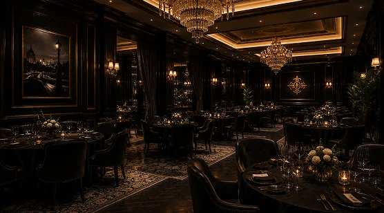 Intérieur de restaurant gastronomique de luxe avec des tables élégamment dressées, des lustres en cristal et une décoration sophistiquée.
