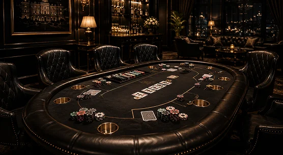 Table de jeu de luxe avec sièges en cuir premium dans un salon de jeu privé exclusif.