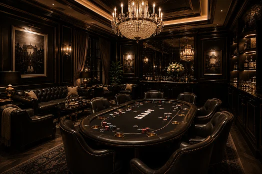 Table de jeu de luxe avec sièges en cuir premium dans un salon de jeu privé exclusif.