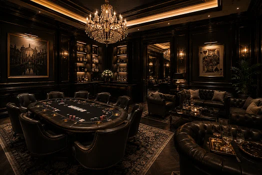 Salon de poker VIP de luxe avec table de jeu élégante, sièges en cuir, lustre en cristal et design intérieur sophistiqué.