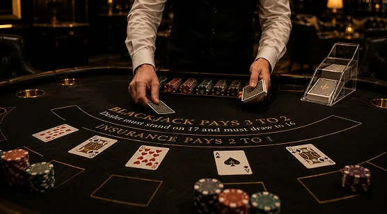 Croupier professionnel présentant des cartes à une table de jeu élégante dans un salon de casino de luxe.