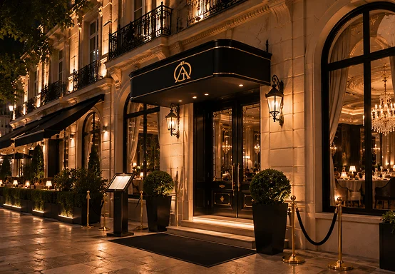 Extérieur d'un restaurant de luxe la nuit avec une entrée élégante, une façade illuminée et une atmosphère de restauration en plein air haut de gamme.